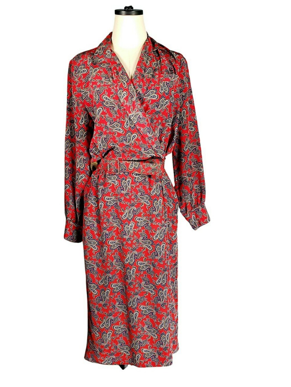 Jos A Bank Vtg Red Paisley Robe Style Belted Wrap Dress Classic Career Academia